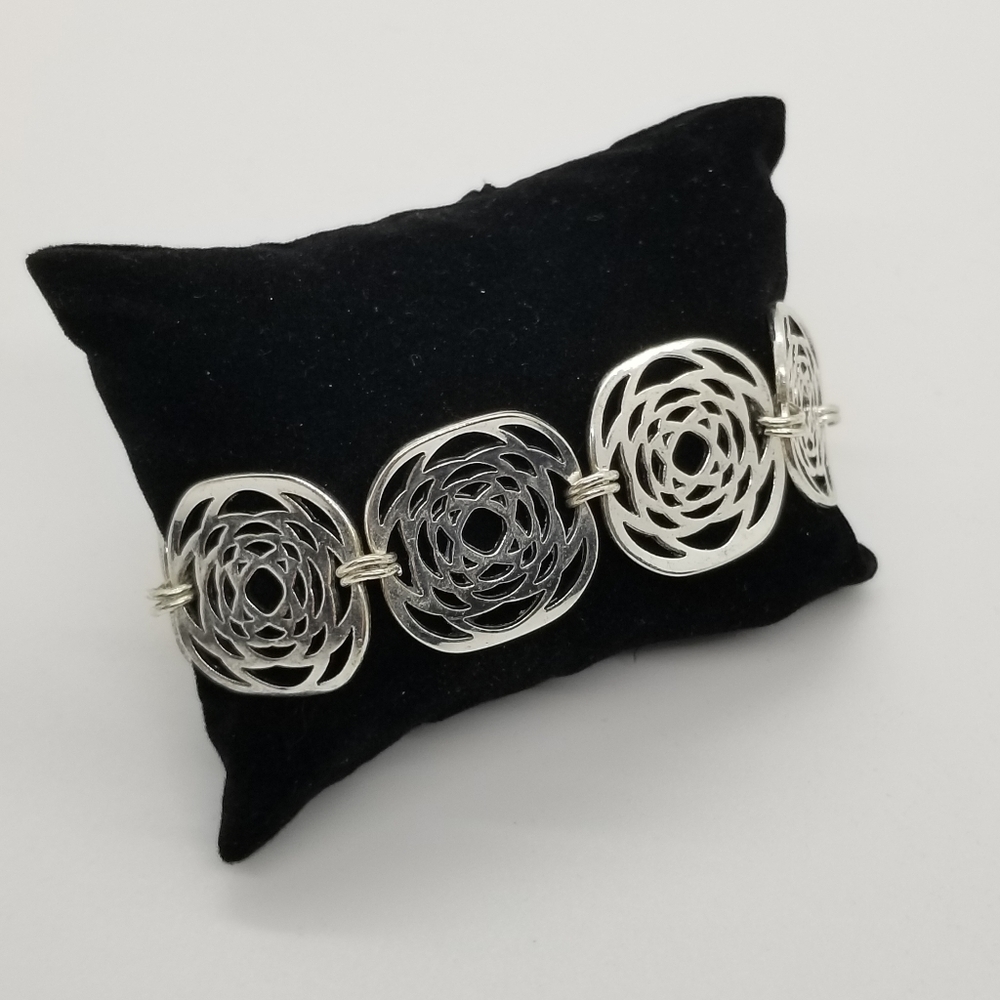silver tone bracelet square floral cutouts